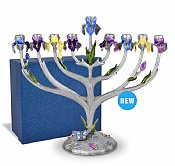 Iris Flower Pewter Plated Jeweled  Menorah - Gift Boxed