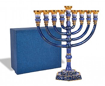 Intricately Detailed Jeweled Temple Menorah - Blue